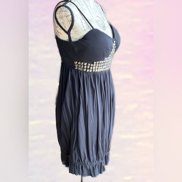 Bustier Strap Dress, Metal Stud Accents, Vertical Ruching, Gathered Hemline (M) - Picture 5 of 8
